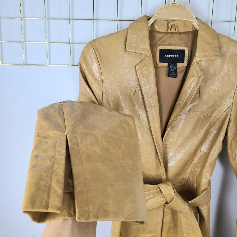 Express Y2K Tan Genuine Leather Vintage Belted Trench Coat - Picture 5 of 11